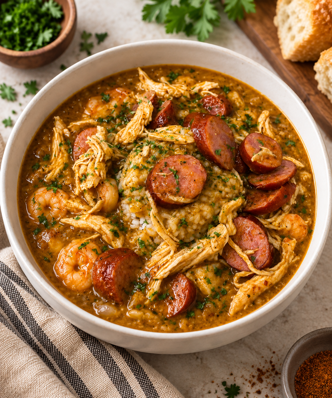 Chicken Shrimp & Smoked Turkey Sausage Gumbo