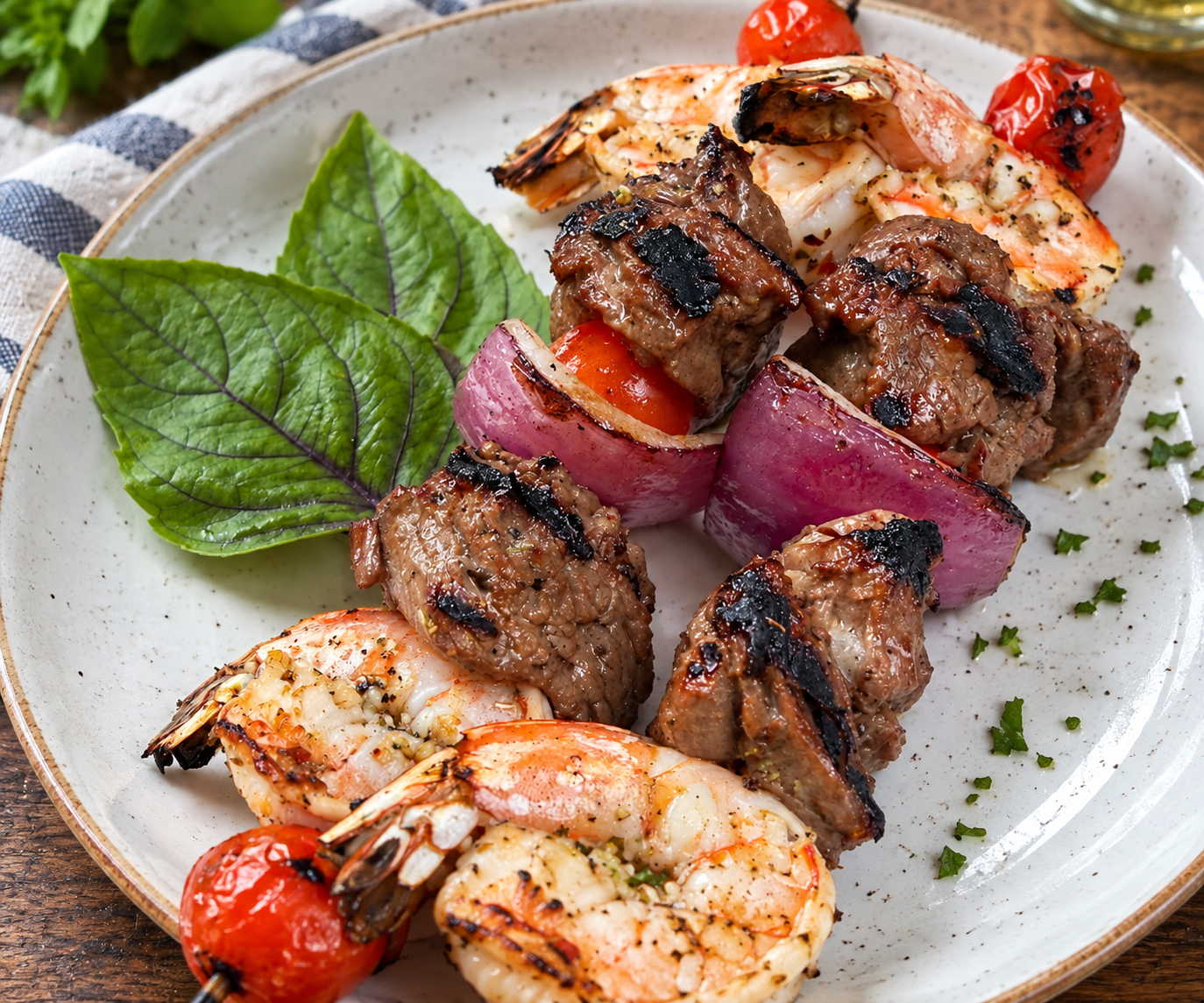 Marinated Sirloin Tips and Shrimp Skewers